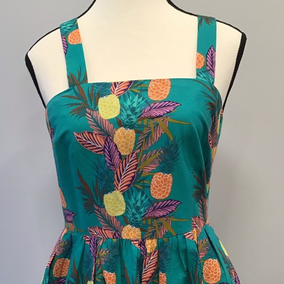 1901 MIdi Tropical Pineapple Sundress with Pockets Sleeveless ALine Teal Dress - Picture 11 of 16